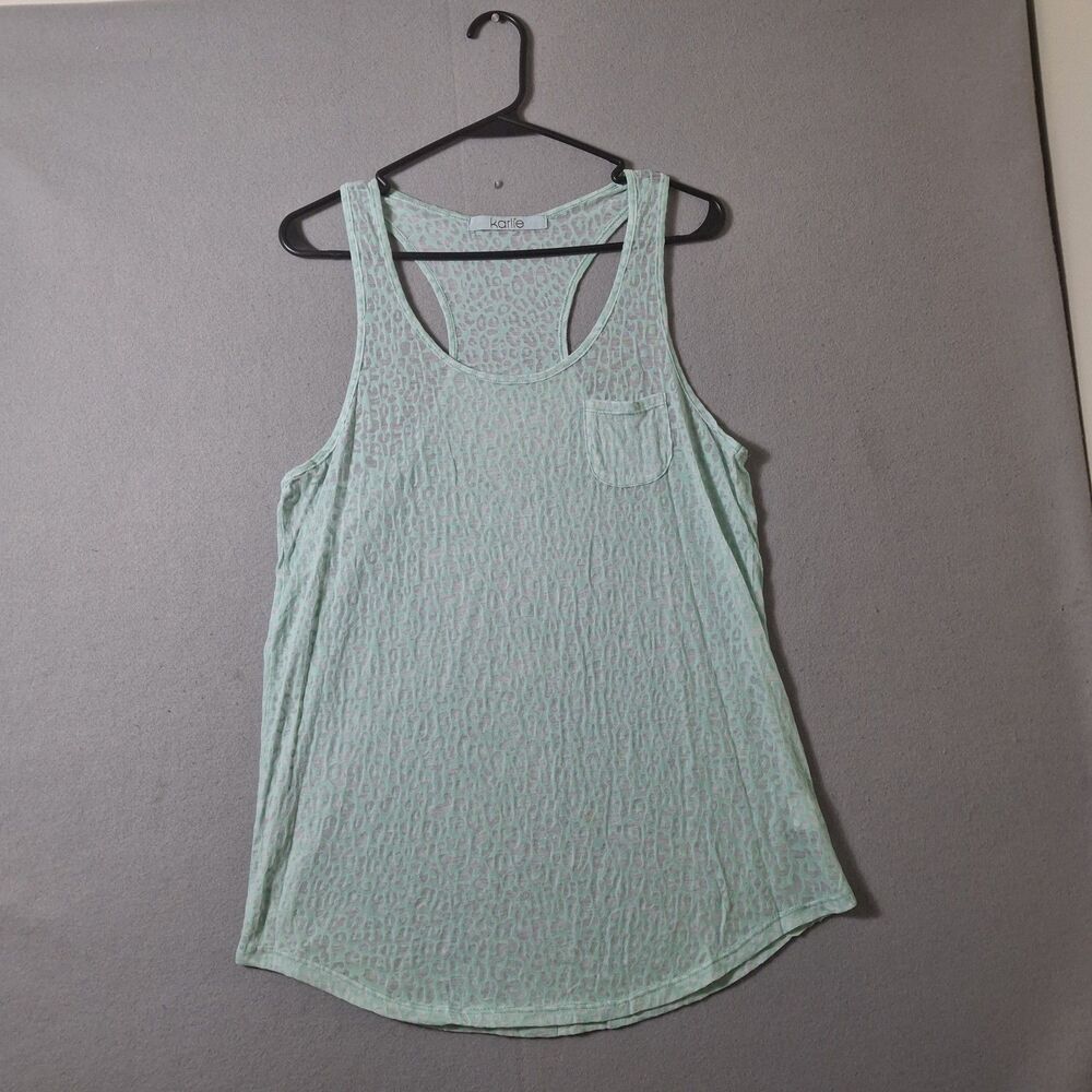 Karlie Mint Green Leopard Print Burnout Tank Top Size L  Pocket Racerback USA